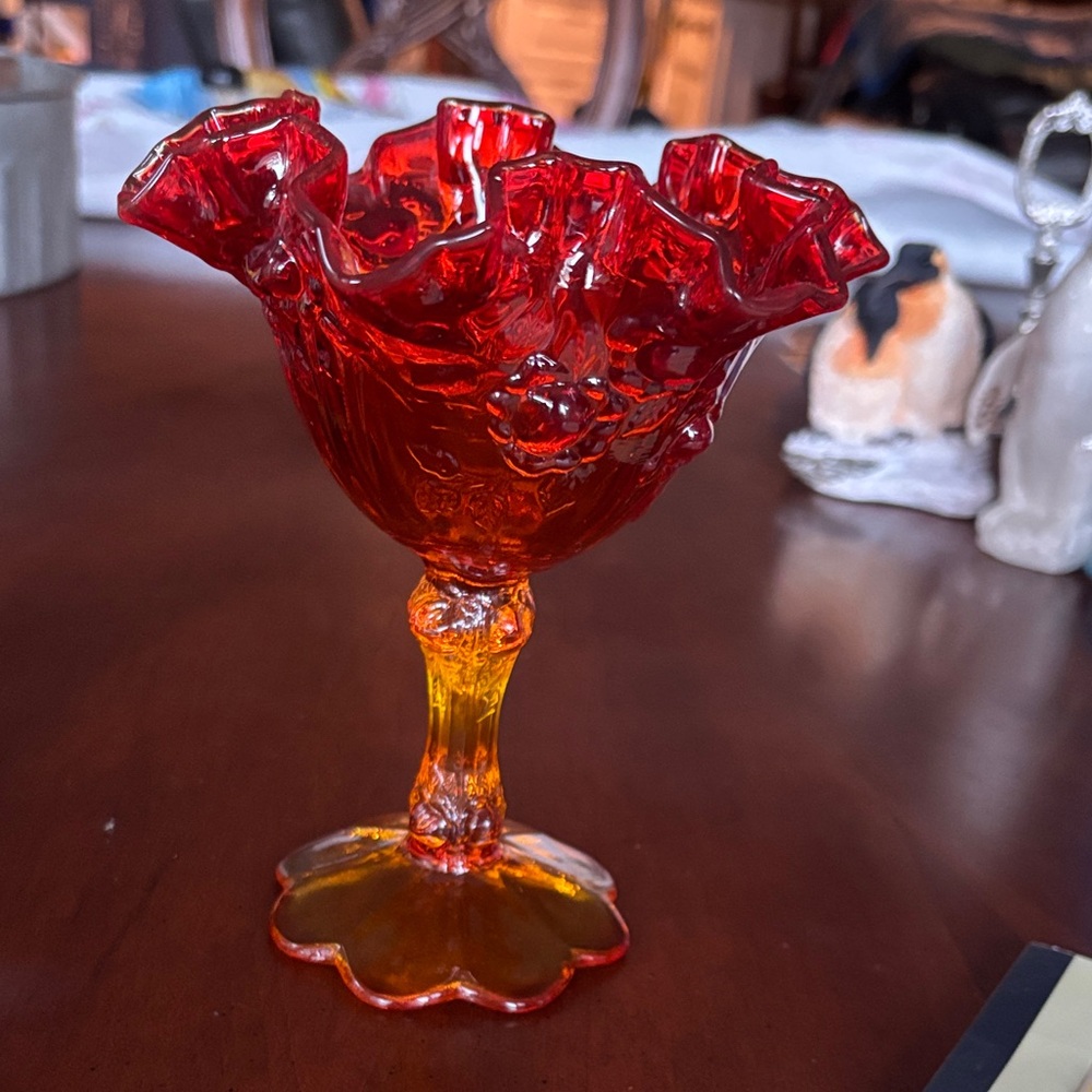 Crimson Ruffled Glass Compote with Amber Stem